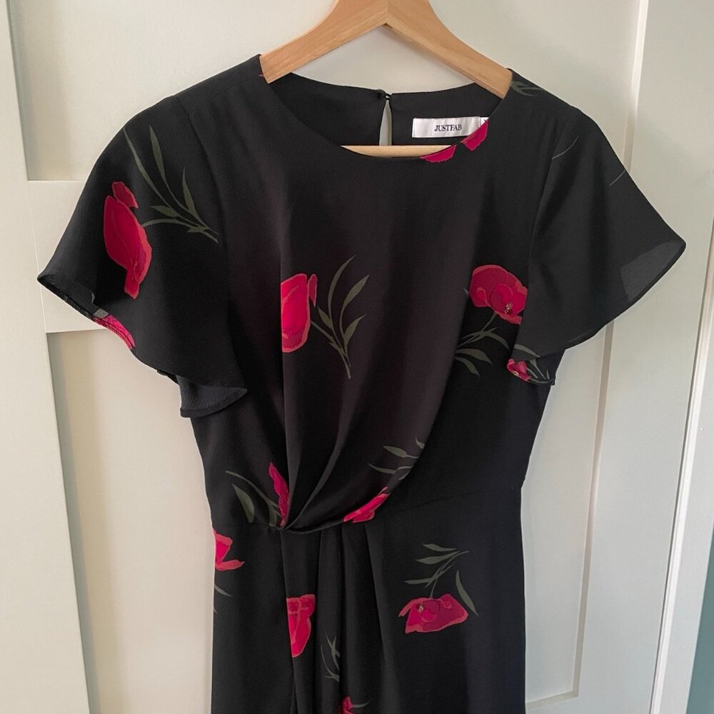 Just Fab Womens Black Floral Midi Dress Ruched Waist Detail Size XS